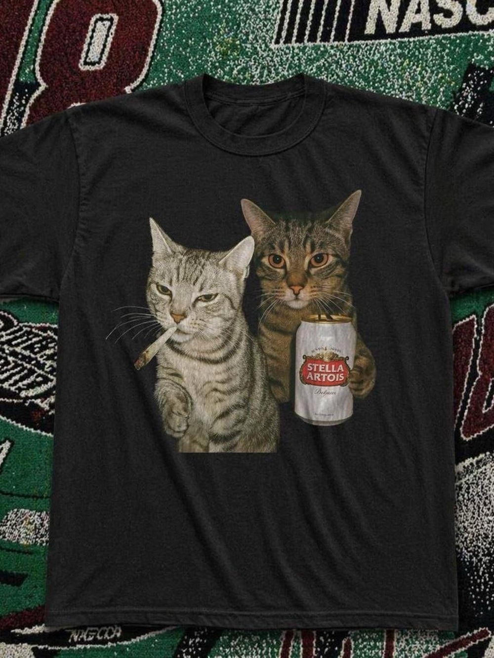 Black Tee with Two Photo-Real Cats Holding Can and Joint, Funny Cat Meme Shirt